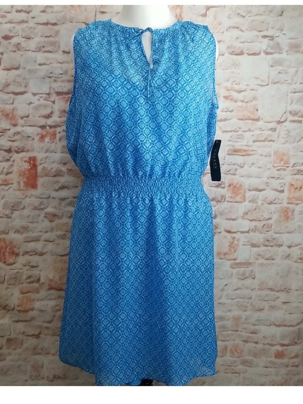 Lauren Ralph Lauren Blue Printed Sleeveless Sheer Dress with Slip Size 14